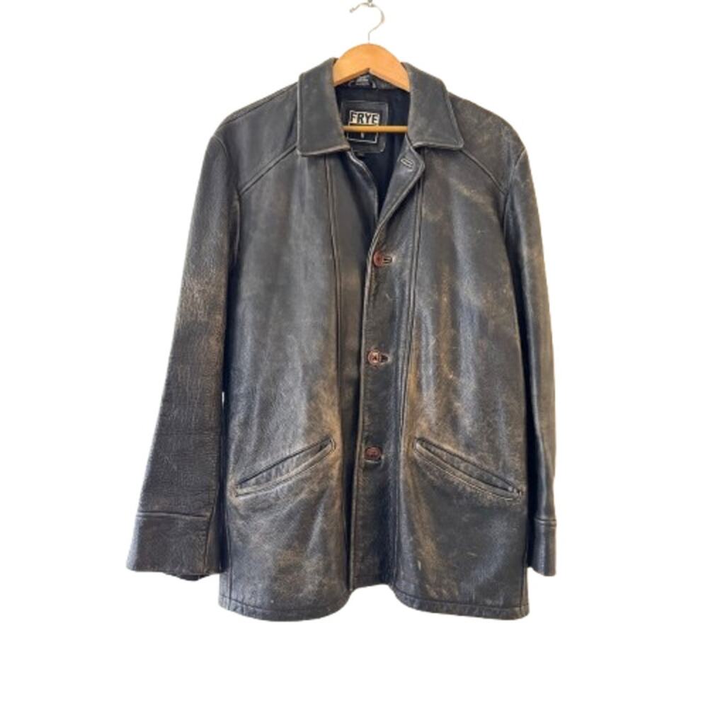 FRYE Men's Classic Genuine Leather Jacket L Black Button Front Pocket Distressed